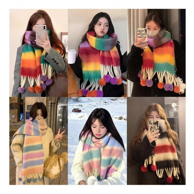 Women Scarf Rainbow Color Striped Scarf with Plush Balls Tassel Winter Thickened Warm Couple Scarf Versatile Wear