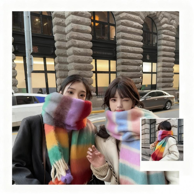 Women Scarf Rainbow Color Striped Scarf with Plush Balls Tassel Winter Thickened Warm Couple Scarf Versatile Wear