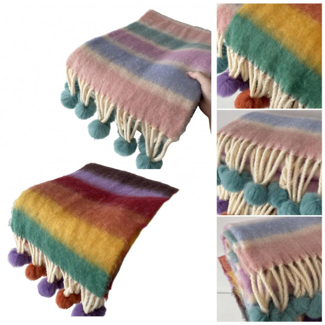 Women Scarf Rainbow Color Striped Scarf with Plush Balls Tassel Winter Thickened Warm Couple Scarf Versatile Wear