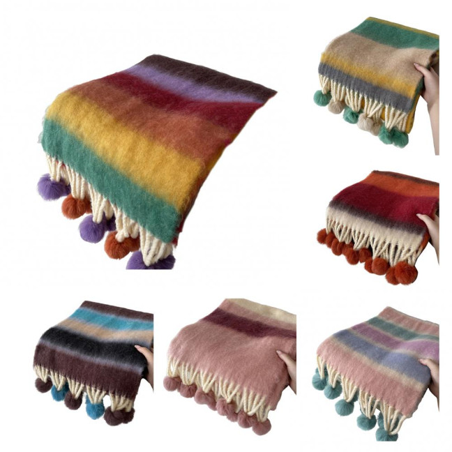 Women Scarf Rainbow Color Striped Scarf with Plush Balls Tassel Winter Thickened Warm Couple Scarf Versatile Wear