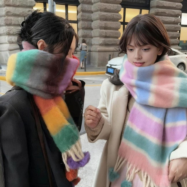 Women Scarf Rainbow Color Striped Scarf with Plush Balls Tassel Winter Thickened Warm Couple Scarf Versatile Wear
