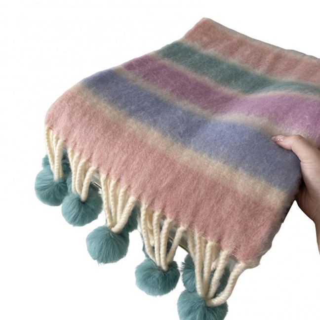 Women Scarf Rainbow Color Striped Scarf with Plush Balls Tassel Winter Thickened Warm Couple Scarf Versatile Wear