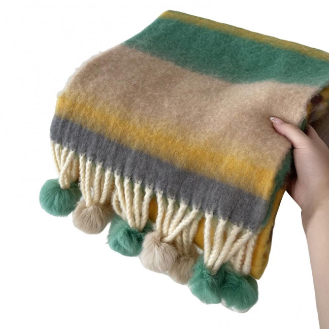 Women Scarf Rainbow Color Striped Scarf with Plush Balls Tassel Winter Thickened Warm Couple Scarf Versatile Wear