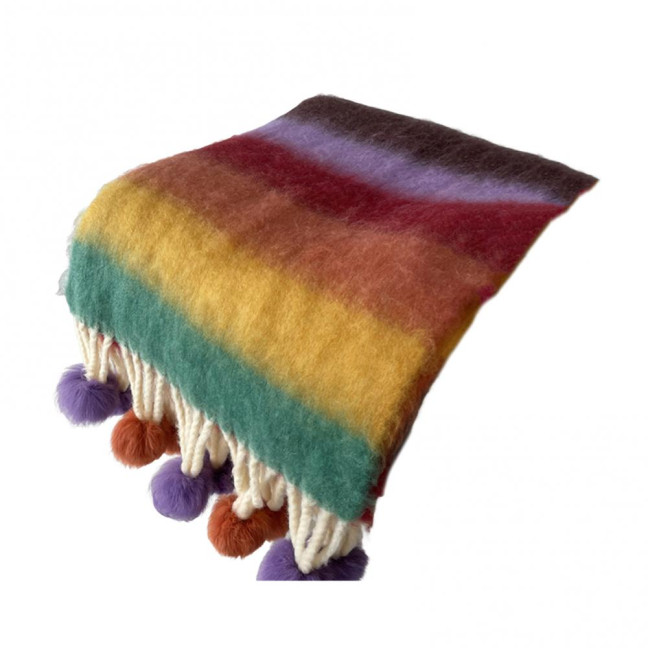 Women Scarf Rainbow Color Striped Scarf with Plush Balls Tassel Winter Thickened Warm Couple Scarf Versatile Wear