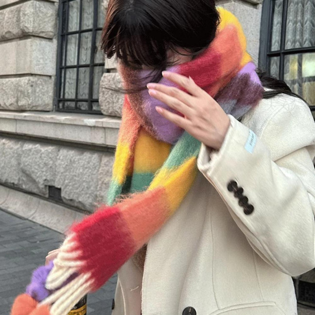 Women Scarf Rainbow Color Striped Scarf with Plush Balls Tassel Winter Thickened Warm Couple Scarf Versatile Wear