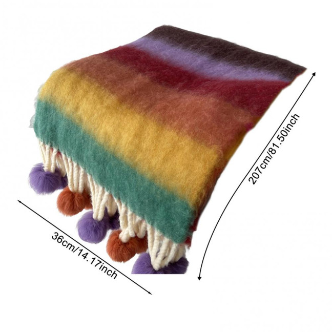 Women Scarf Rainbow Color Striped Scarf with Plush Balls Tassel Winter Thickened Warm Couple Scarf Versatile Wear