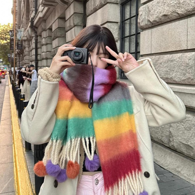 Women Scarf Rainbow Color Striped Scarf with Plush Balls Tassel Winter Thickened Warm Couple Scarf Versatile Wear