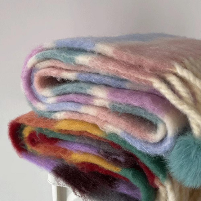 Women Scarf Rainbow Color Striped Scarf with Plush Balls Tassel Winter Thickened Warm Couple Scarf Versatile Wear