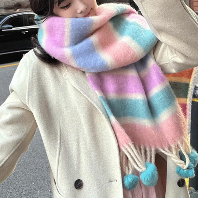 Women Scarf Rainbow Color Striped Scarf with Plush Balls Tassel Winter Thickened Warm Couple Scarf Versatile Wear
