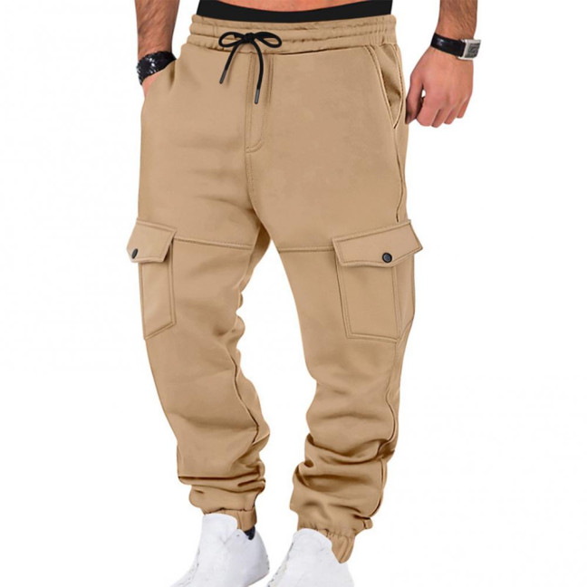 Men Winter Sweatpants Thickened Cargo Pants Warm Casual Baggy Trousers Drawstring Waist Jogger Pants for Work Street Daily Wear