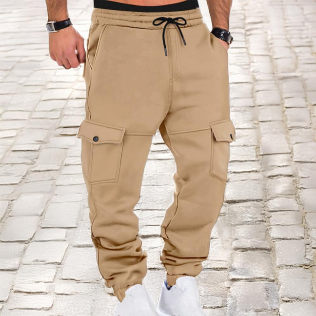 Men Winter Sweatpants Thickened Cargo Pants Warm Casual Baggy Trousers Drawstring Waist Jogger Pants for Work Street Daily Wear