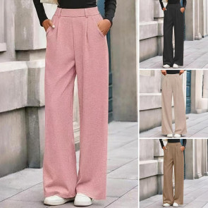 Women Pants Elastic Mid-rise Wide-Leg Loose Style Long Pants Autumn Winter Ribbed Casual Trousers with Pockets