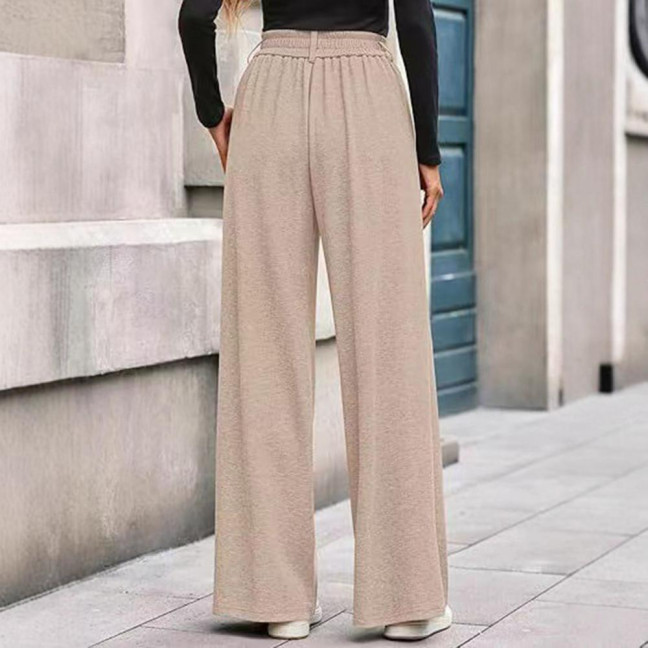 Women Pants Elastic Mid-rise Wide-Leg Loose Style Long Pants Autumn Winter Ribbed Casual Trousers with Pockets