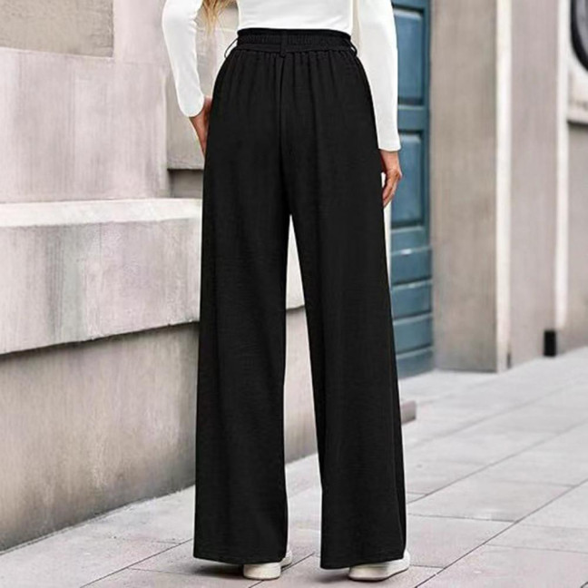 Women Pants Elastic Mid-rise Wide-Leg Loose Style Long Pants Autumn Winter Ribbed Casual Trousers with Pockets