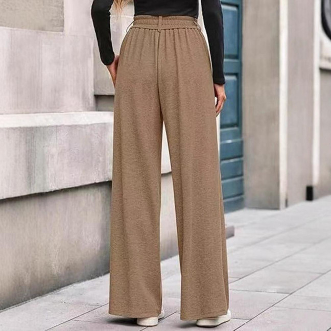 Women Pants Elastic Mid-rise Wide-Leg Loose Style Long Pants Autumn Winter Ribbed Casual Trousers with Pockets