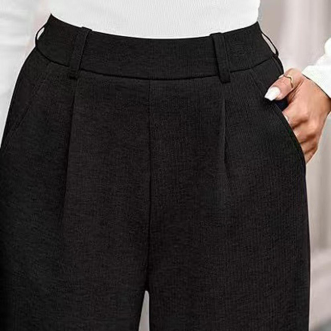 Women Pants Elastic Mid-rise Wide-Leg Loose Style Long Pants Autumn Winter Ribbed Casual Trousers with Pockets