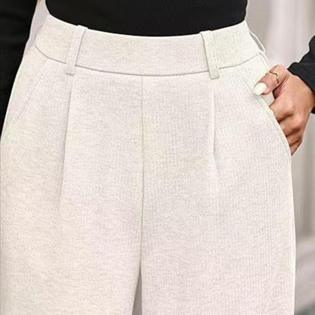 Women Pants Elastic Mid-rise Wide-Leg Loose Style Long Pants Autumn Winter Ribbed Casual Trousers with Pockets