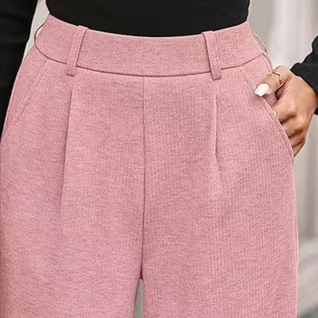 Women Pants Elastic Mid-rise Wide-Leg Loose Style Long Pants Autumn Winter Ribbed Casual Trousers with Pockets