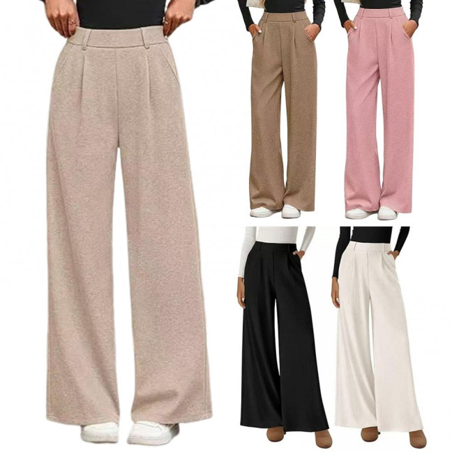 Women Pants Elastic Mid-rise Wide-Leg Loose Style Long Pants Autumn Winter Ribbed Casual Trousers with Pockets