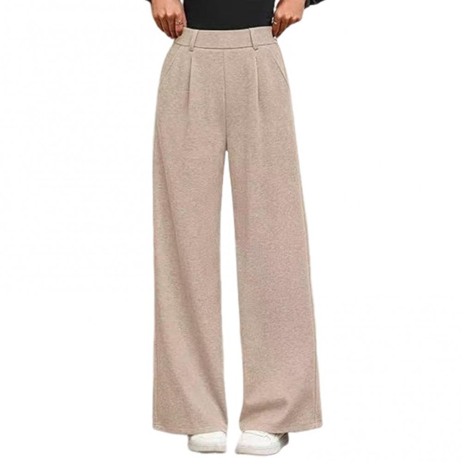 Women Pants Elastic Mid-rise Wide-Leg Loose Style Long Pants Autumn Winter Ribbed Casual Trousers with Pockets