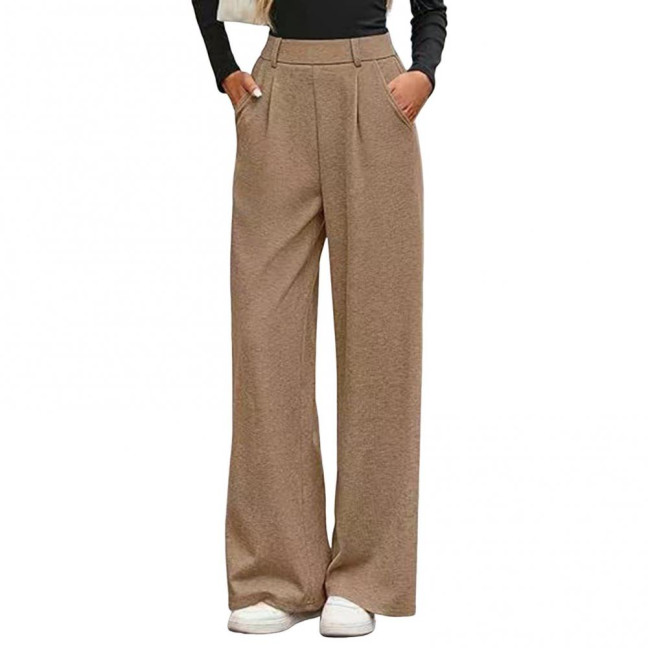 Women Pants Elastic Mid-rise Wide-Leg Loose Style Long Pants Autumn Winter Ribbed Casual Trousers with Pockets