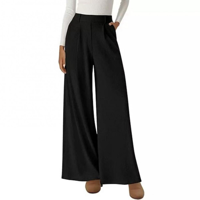 Women Pants Elastic Mid-rise Wide-Leg Loose Style Long Pants Autumn Winter Ribbed Casual Trousers with Pockets