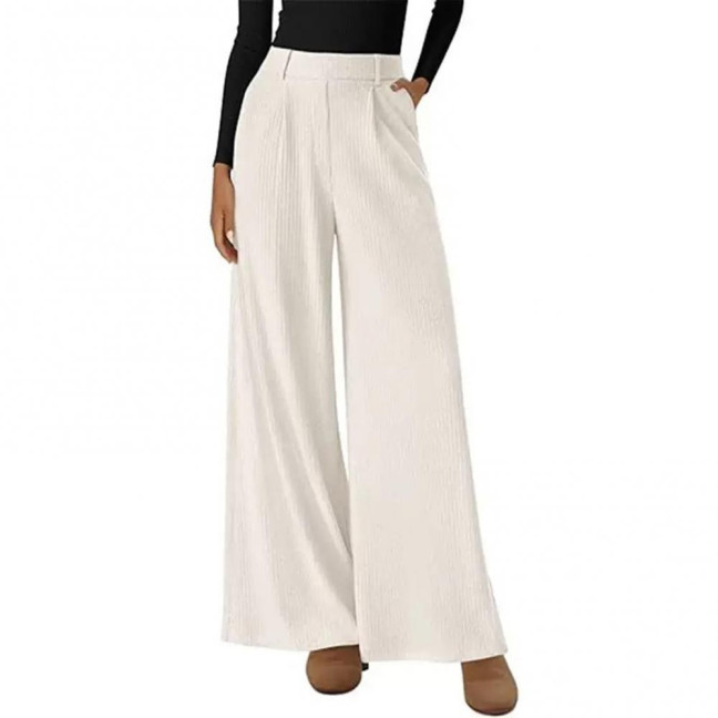 Women Pants Elastic Mid-rise Wide-Leg Loose Style Long Pants Autumn Winter Ribbed Casual Trousers with Pockets