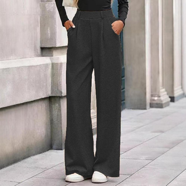 Women Pants Elastic Mid-rise Wide-Leg Loose Style Long Pants Autumn Winter Ribbed Casual Trousers with Pockets