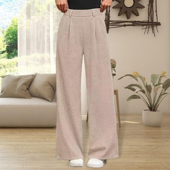 Women Pants Elastic Mid-rise Wide-Leg Loose Style Long Pants Autumn Winter Ribbed Casual Trousers with Pockets