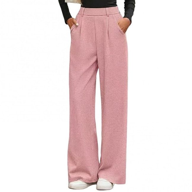 Women Pants Elastic Mid-rise Wide-Leg Loose Style Long Pants Autumn Winter Ribbed Casual Trousers with Pockets