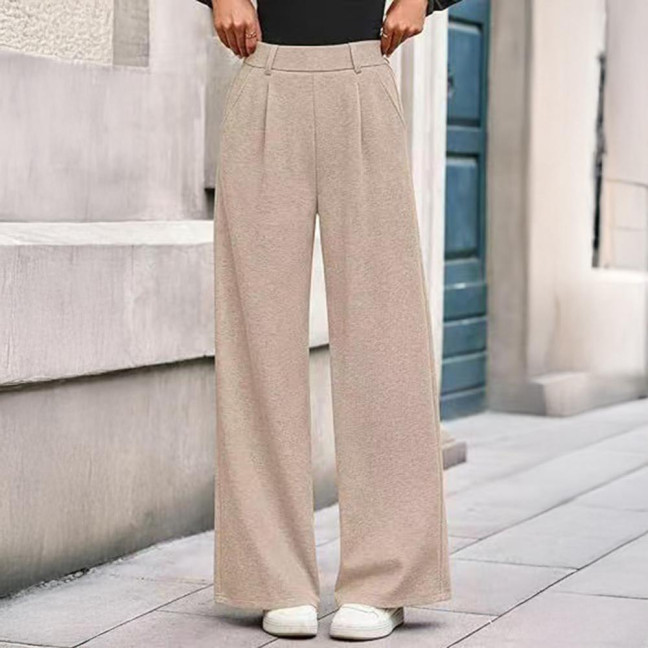 Women Pants Elastic Mid-rise Wide-Leg Loose Style Long Pants Autumn Winter Ribbed Casual Trousers with Pockets