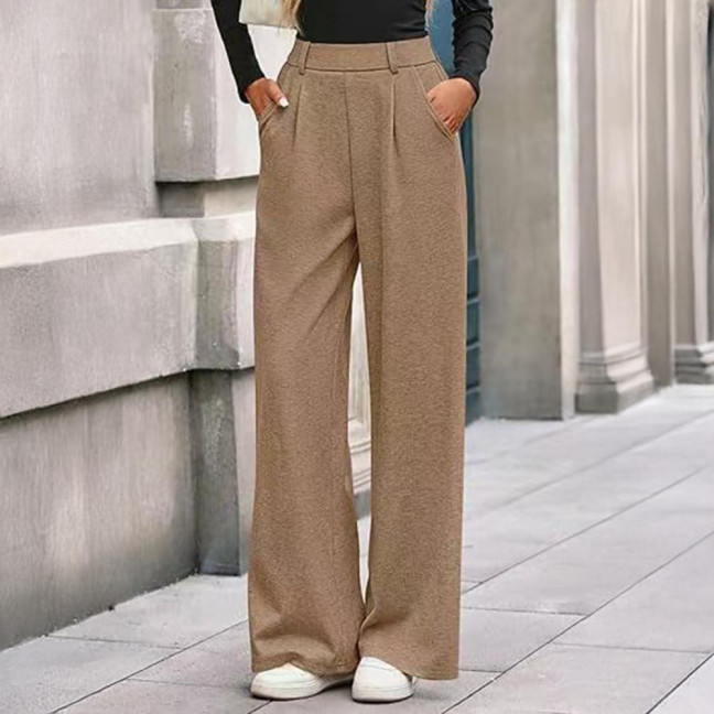 Women Pants Elastic Mid-rise Wide-Leg Loose Style Long Pants Autumn Winter Ribbed Casual Trousers with Pockets