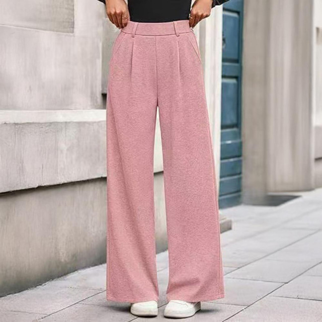 Women Pants Elastic Mid-rise Wide-Leg Loose Style Long Pants Autumn Winter Ribbed Casual Trousers with Pockets