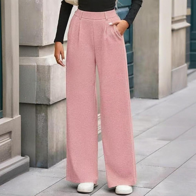 Women Pants Elastic Mid-rise Wide-Leg Loose Style Long Pants Autumn Winter Ribbed Casual Trousers with Pockets
