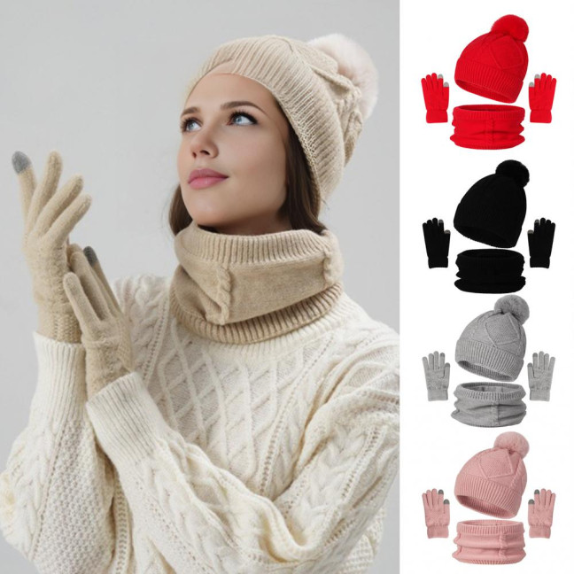 3Pcs/Set Women Hat Scarf Gloves Set Solid Color Design Twist Texture Thickened Warm Plush Lining Hat Scarf Gloves Winter Accessories