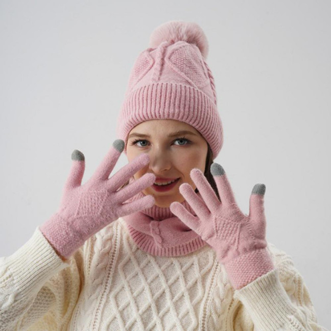 3Pcs/Set Women Hat Scarf Gloves Set Solid Color Design Twist Texture Thickened Warm Plush Lining Hat Scarf Gloves Winter Accessories