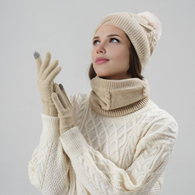 3Pcs/Set Women Hat Scarf Gloves Set Solid Color Design Twist Texture Thickened Warm Plush Lining Hat Scarf Gloves Winter Accessories
