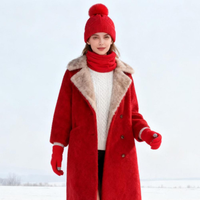 3Pcs/Set Women Hat Scarf Gloves Set Solid Color Design Twist Texture Thickened Warm Plush Lining Hat Scarf Gloves Winter Accessories