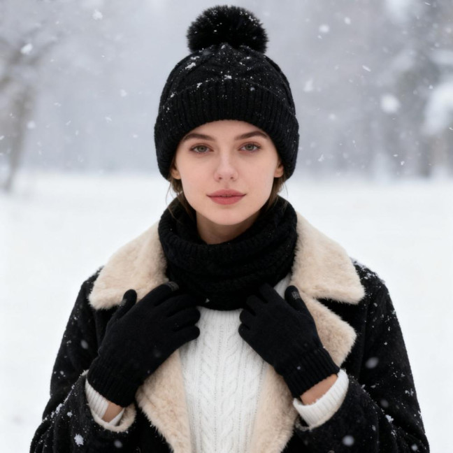 3Pcs/Set Women Hat Scarf Gloves Set Solid Color Design Twist Texture Thickened Warm Plush Lining Hat Scarf Gloves Winter Accessories