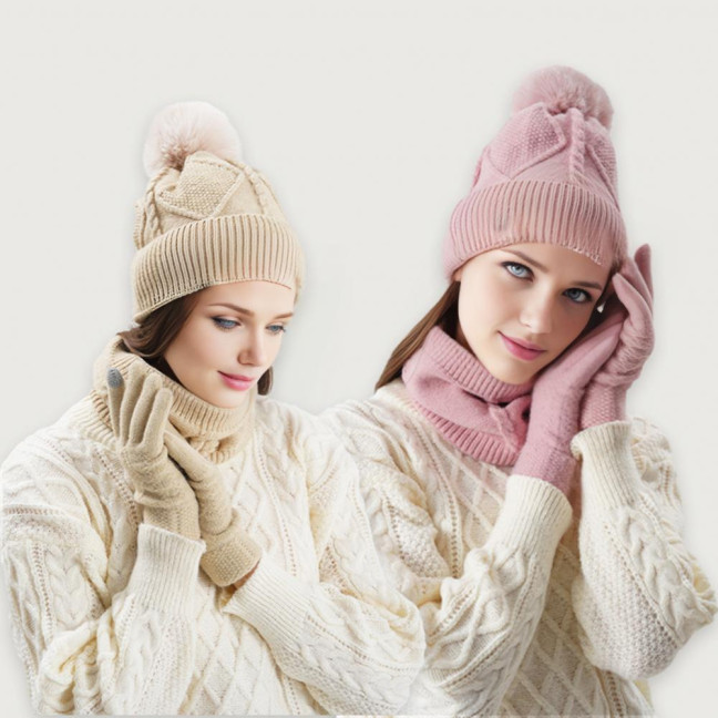 3Pcs/Set Women Hat Scarf Gloves Set Solid Color Design Twist Texture Thickened Warm Plush Lining Hat Scarf Gloves Winter Accessories