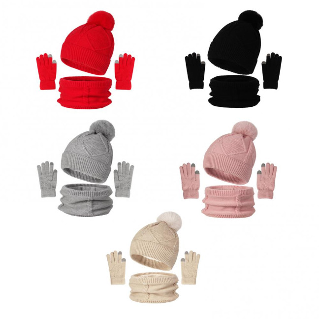 3Pcs/Set Women Hat Scarf Gloves Set Solid Color Design Twist Texture Thickened Warm Plush Lining Hat Scarf Gloves Winter Accessories