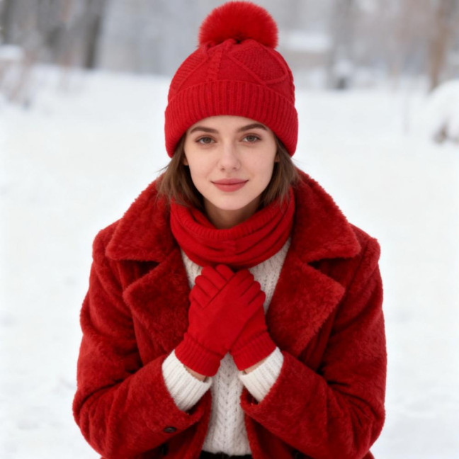 3Pcs/Set Women Hat Scarf Gloves Set Solid Color Design Twist Texture Thickened Warm Plush Lining Hat Scarf Gloves Winter Accessories