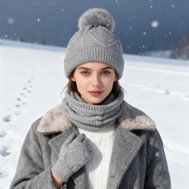 3Pcs/Set Women Hat Scarf Gloves Set Solid Color Design Twist Texture Thickened Warm Plush Lining Hat Scarf Gloves Winter Accessories