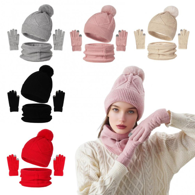 3Pcs/Set Women Hat Scarf Gloves Set Solid Color Design Twist Texture Thickened Warm Plush Lining Hat Scarf Gloves Winter Accessories