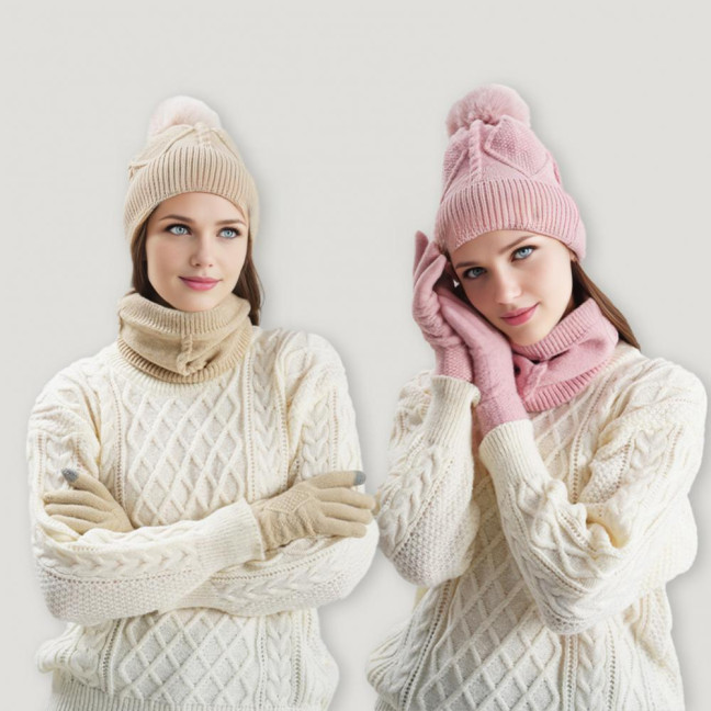 3Pcs/Set Women Hat Scarf Gloves Set Solid Color Design Twist Texture Thickened Warm Plush Lining Hat Scarf Gloves Winter Accessories