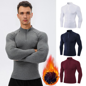 Autumn Winter Men Thermal Top Plush Lining Zipper Stand-up Collar Long Sleeve Shirt Slim Fit Stretch Casual Solid Color Cold Weather Warm Base Layer Top 