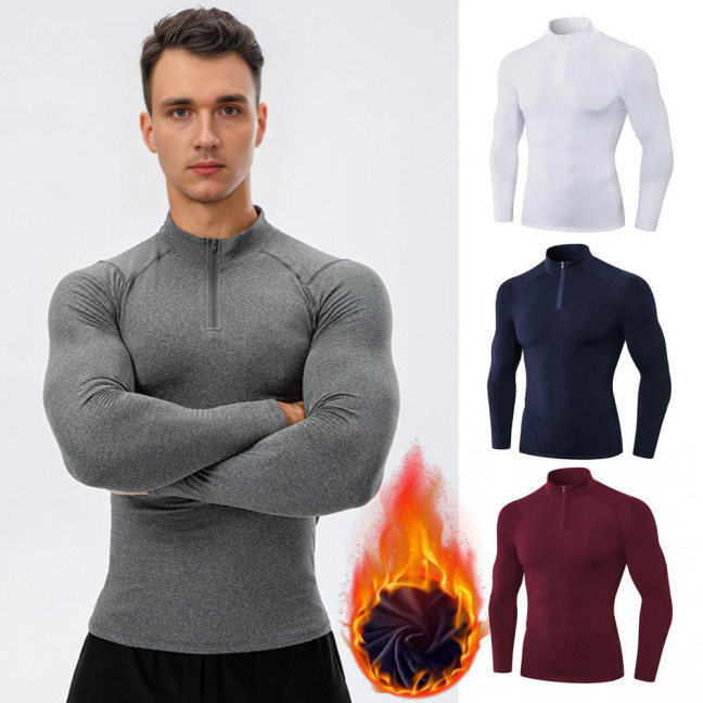 Autumn Winter Men Thermal Top Plush Lining Zipper Stand-up Collar Long Sleeve Shirt Slim Fit Stretch Casual Solid Color Cold Weather Warm Base Layer Top 