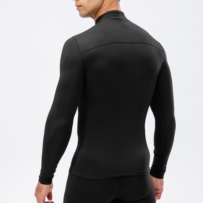 Autumn Winter Men Thermal Top Plush Lining Zipper Stand-up Collar Long Sleeve Shirt Slim Fit Stretch Casual Solid Color Cold Weather Warm Base Layer Top 