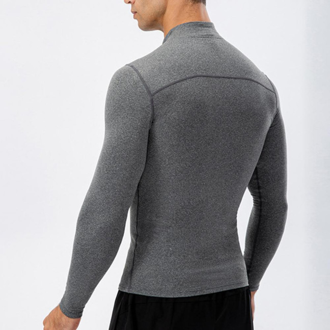 Autumn Winter Men Thermal Top Plush Lining Zipper Stand-up Collar Long Sleeve Shirt Slim Fit Stretch Casual Solid Color Cold Weather Warm Base Layer Top 