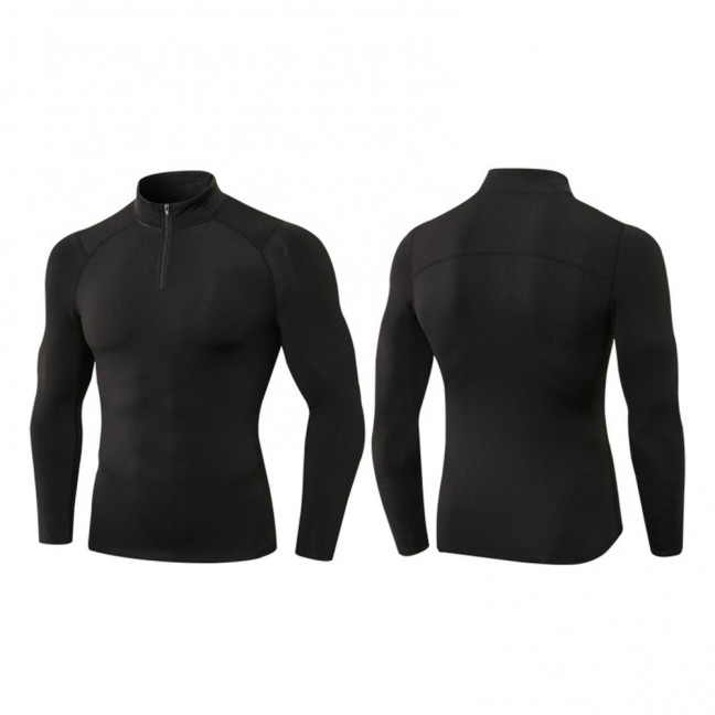 Autumn Winter Men Thermal Top Plush Lining Zipper Stand-up Collar Long Sleeve Shirt Slim Fit Stretch Casual Solid Color Cold Weather Warm Base Layer Top 